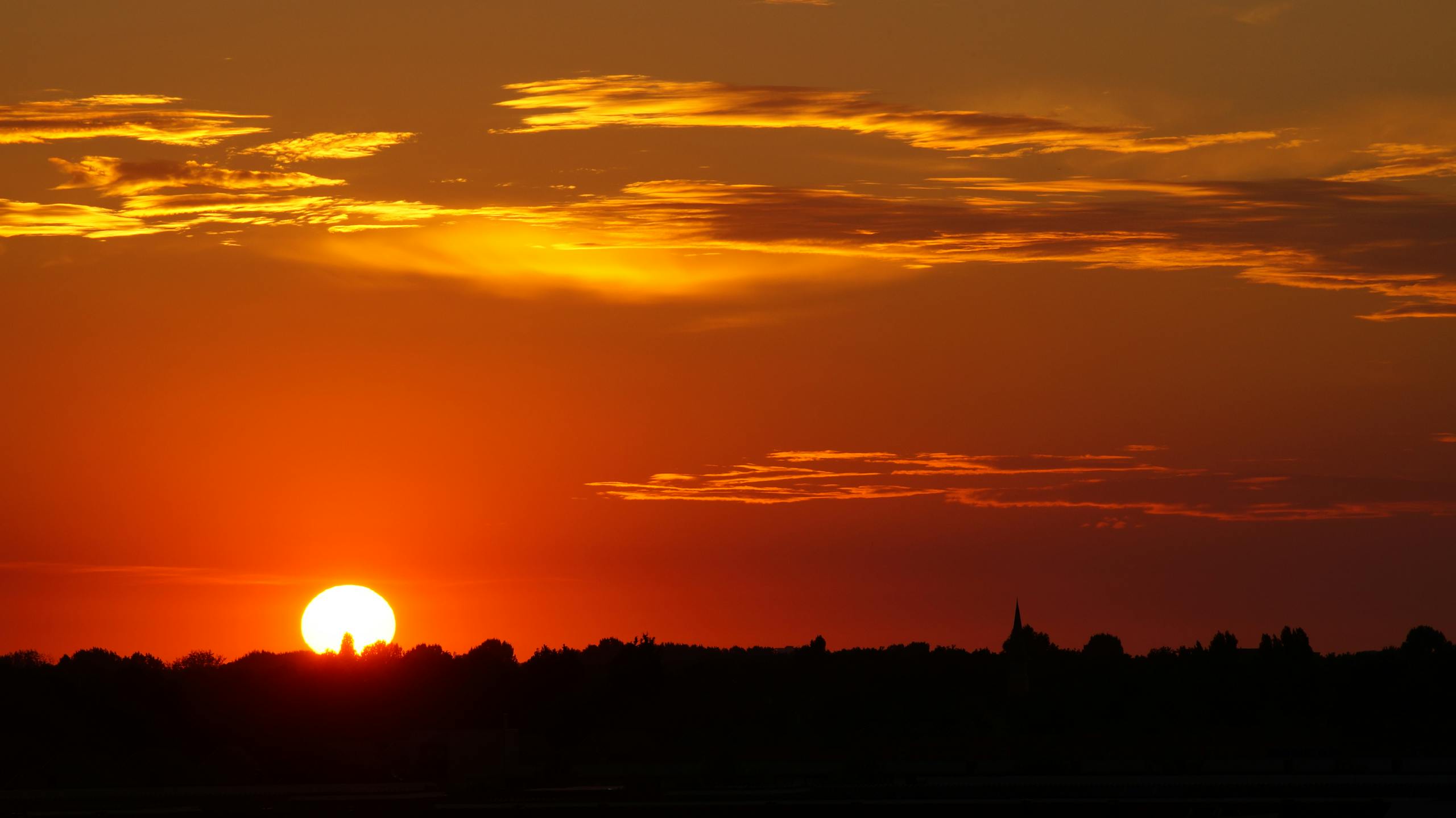 Vibrant sunset with silhouetted treeline creates a dramatic, warm sky.