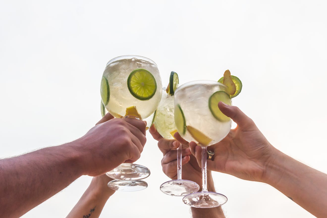 Friends toasting with gin cocktails garnished with lime and cucumber outdoors.